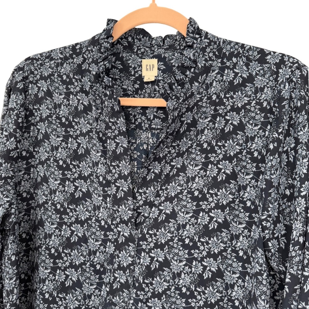 Gap Blouse Women Medium Blue Floral Ruffle Collar Long Sleeve V-Neck